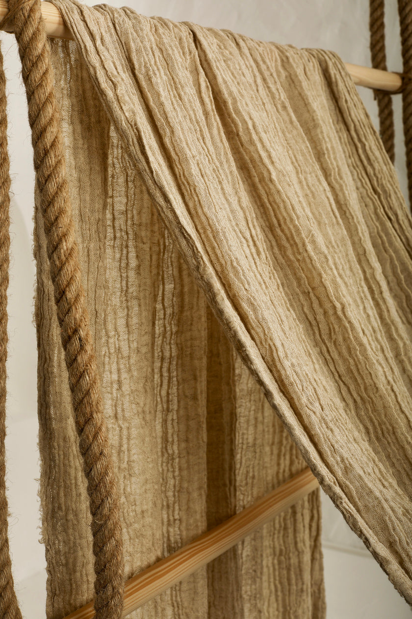 Neutral Stretchy Crinkle Linen Fabric, Textured Surface.