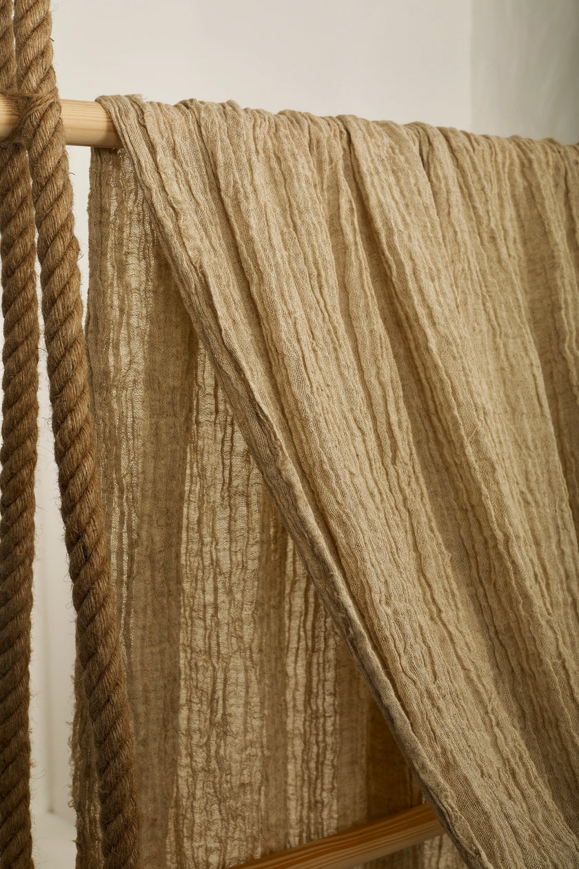 Neutral Stretchy Crinkle Linen Fabric, Textured Surface.