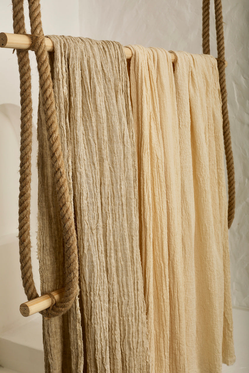 Neutral Stretchy Crinkle Linen Fabric, Textured Surface.