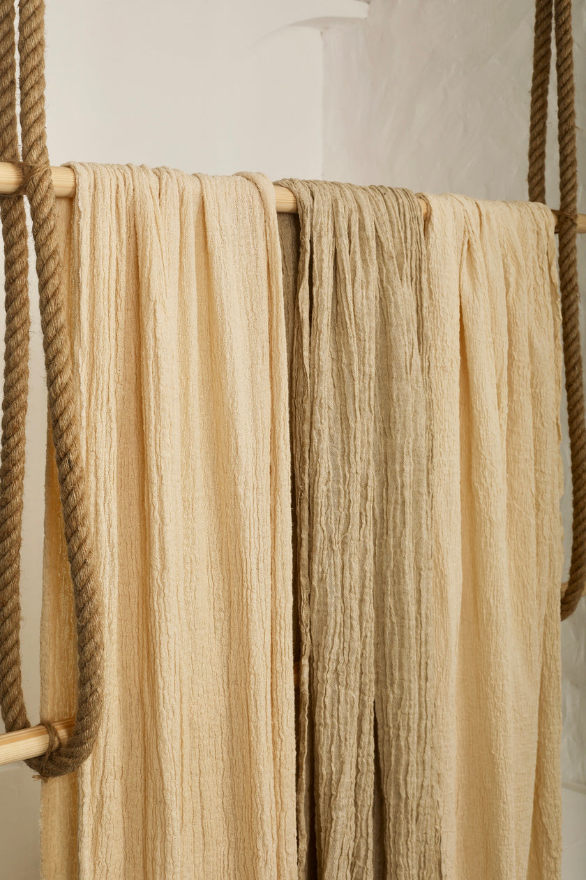 Neutral Stretchy Crinkle Linen Fabric, Textured Surface.