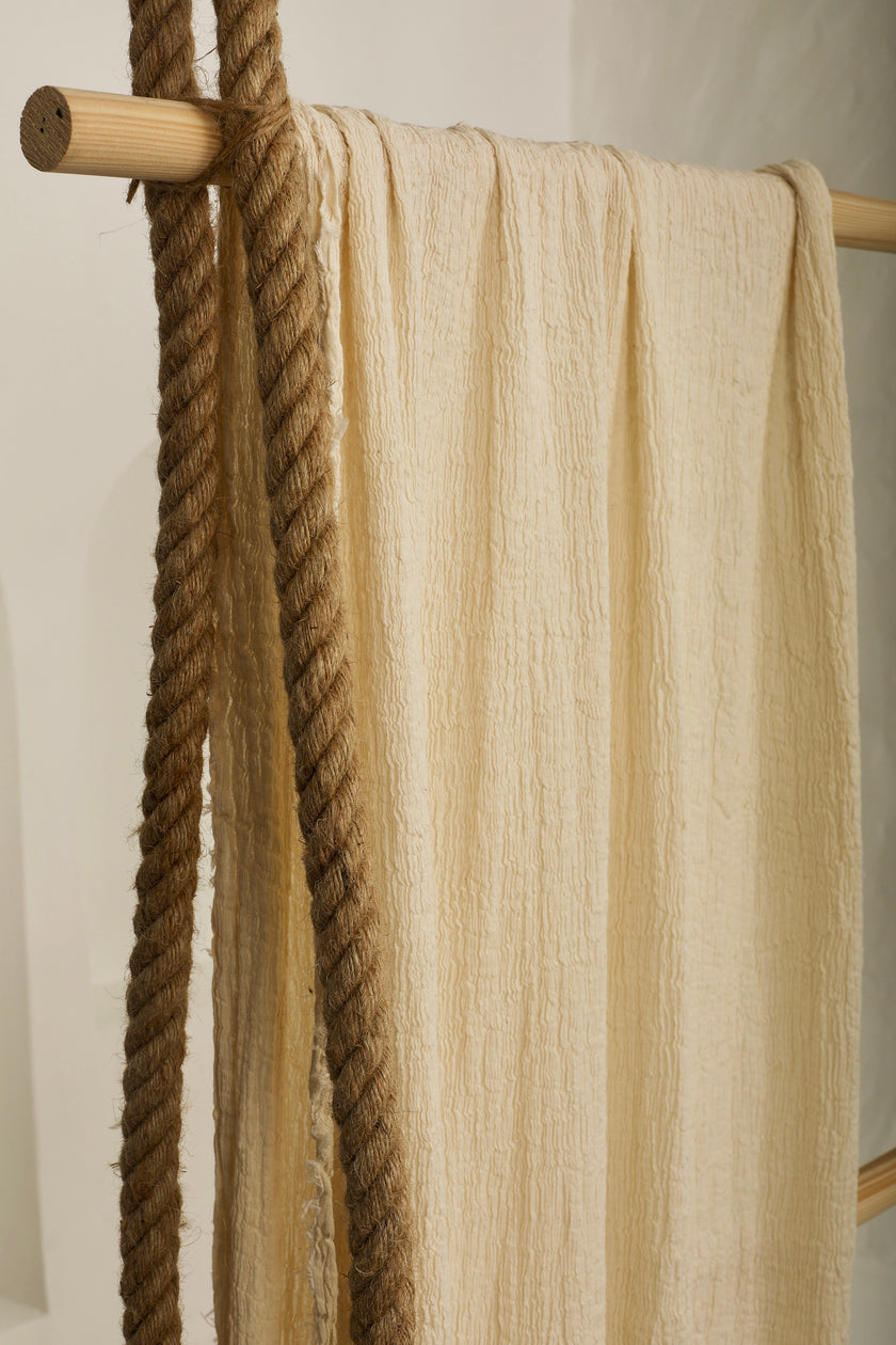 Neutral Stretchy Crinkle Cotton Fabric, Textured Surface,Off White Ivory Cotton Fabric, Light Weight.