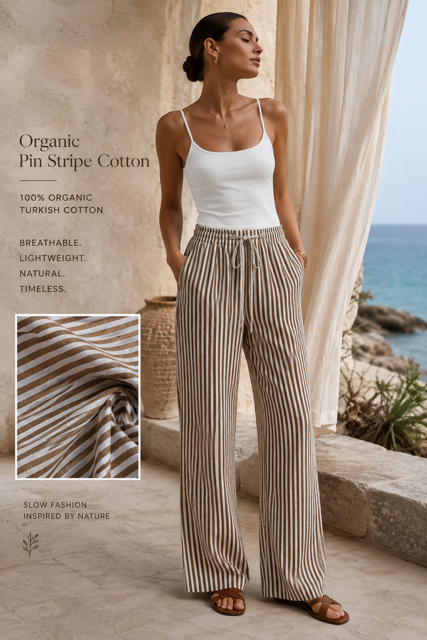 Organic brown and white striped Turkish cotton fabric