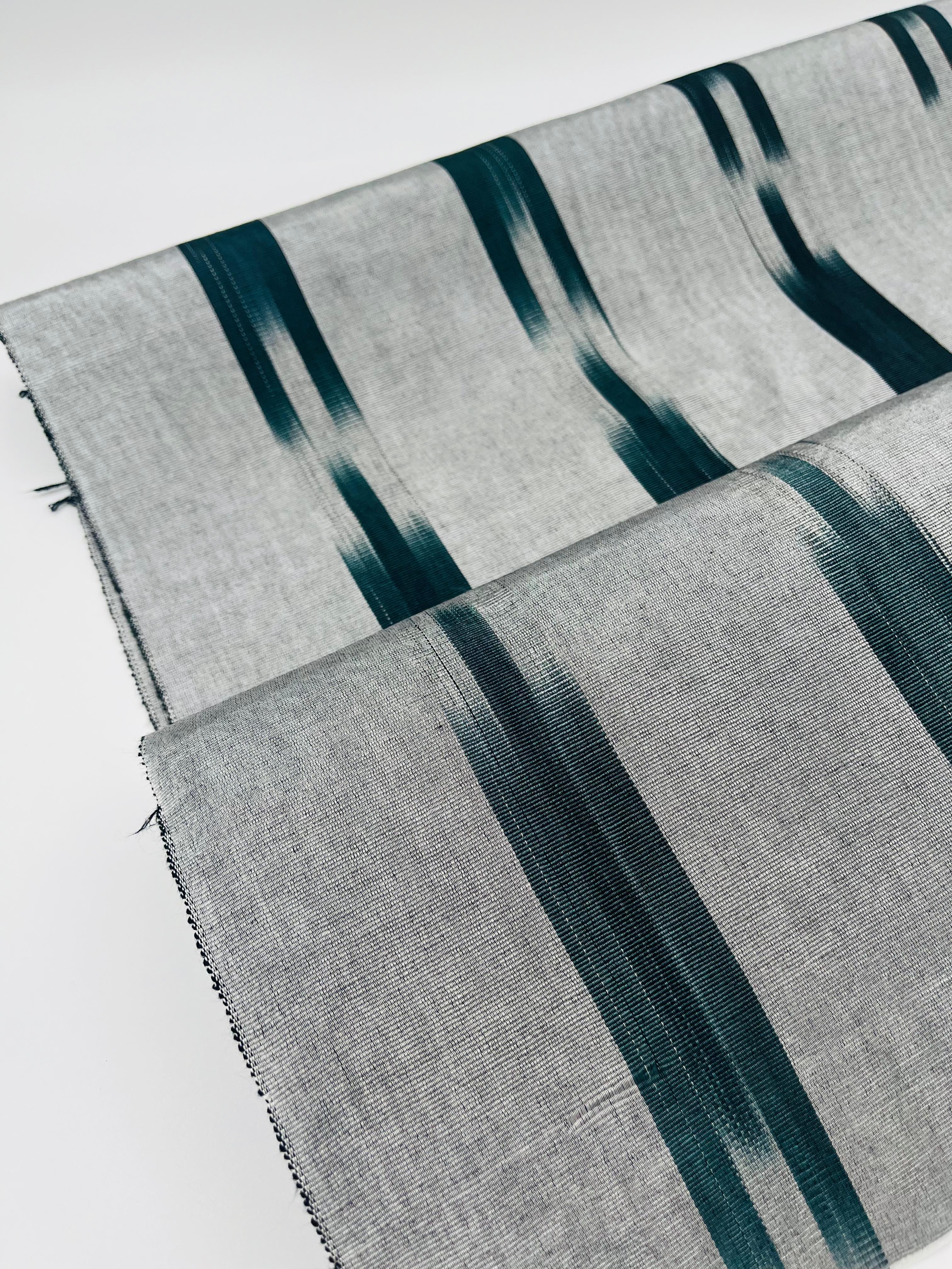 Ikat Silver Green Striped Silk Home Textile Interior Fabrics Moire, Watermark Pattern.
