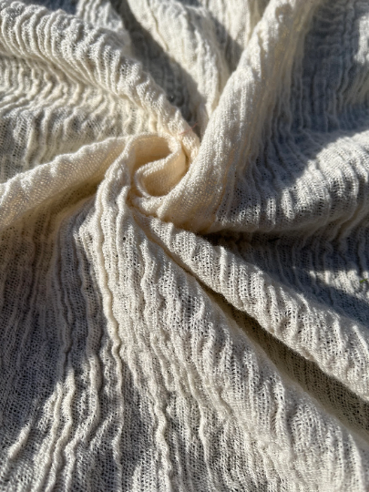 Neutral Stretchy Crinkle Cotton Fabric, Textured Surface,Off White Ivory Cotton.