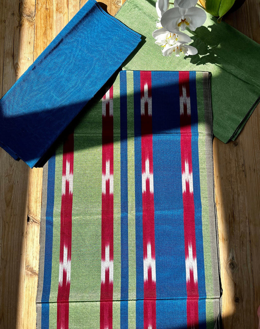 Osmanlı Başlık İçin Mavi Yeşil İkat Çizgili Lüks İpek Döşeme, Ev Tekstili İç Mekan Kumaşları: Yastık Kılıfları, Kimono Esintili Tasarımlar, İpek El Dokuma Kumaşlar, İpek Şantung