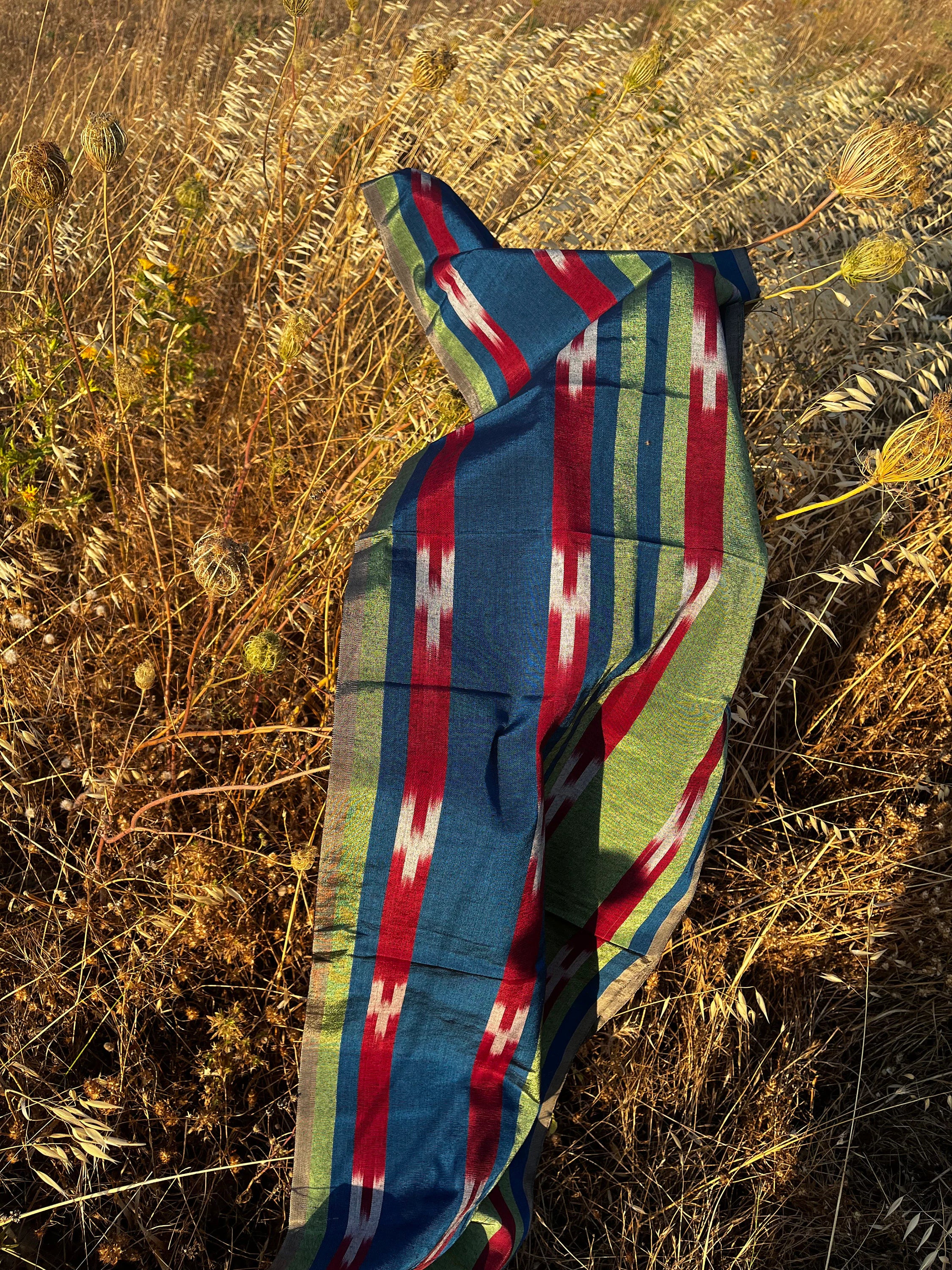 Blue Green Ikat Striped Silk Home Textile Interior Fabrics Moire.