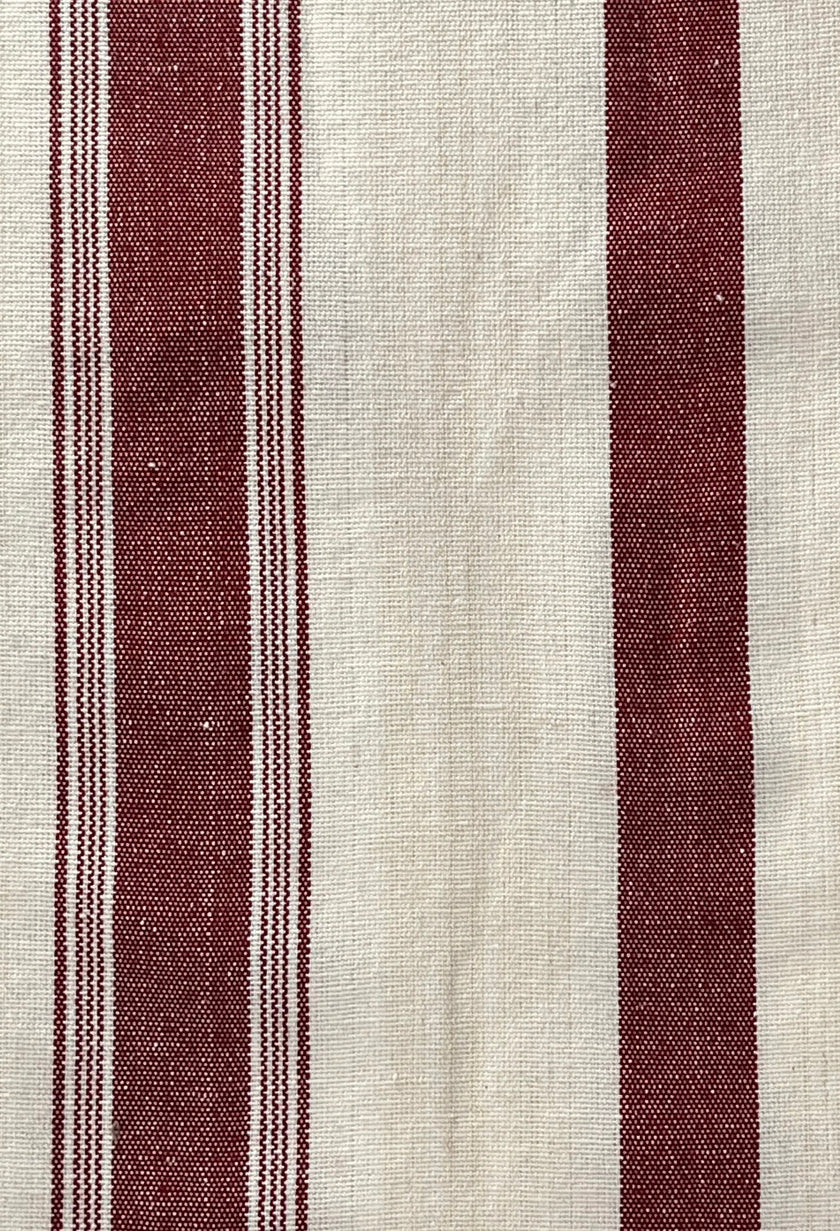 Kırmızı Çizgili Ağır Ağırlık Yumuşatılmış Keten Pamuklu Kumaş Metre 240g/m2 - Döşemelik Çizgili Fransız Stili - Doğal Döşemelik Kumaşlar.
