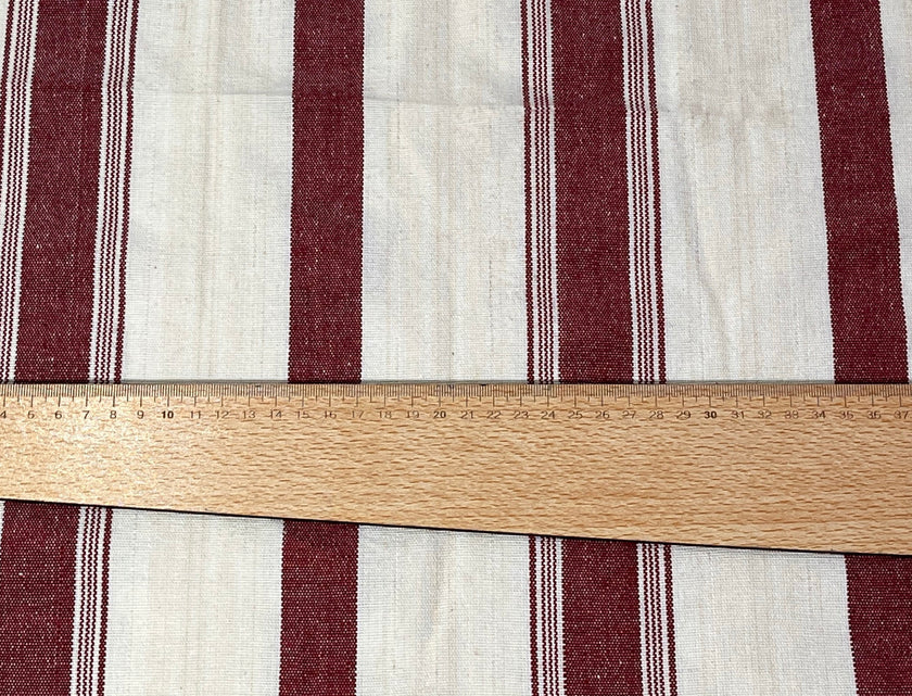 Kırmızı Çizgili Ağır Ağırlık Yumuşatılmış Keten Pamuklu Kumaş Metre 240g/m2 - Döşemelik Çizgili Fransız Stili - Doğal Döşemelik Kumaşlar.