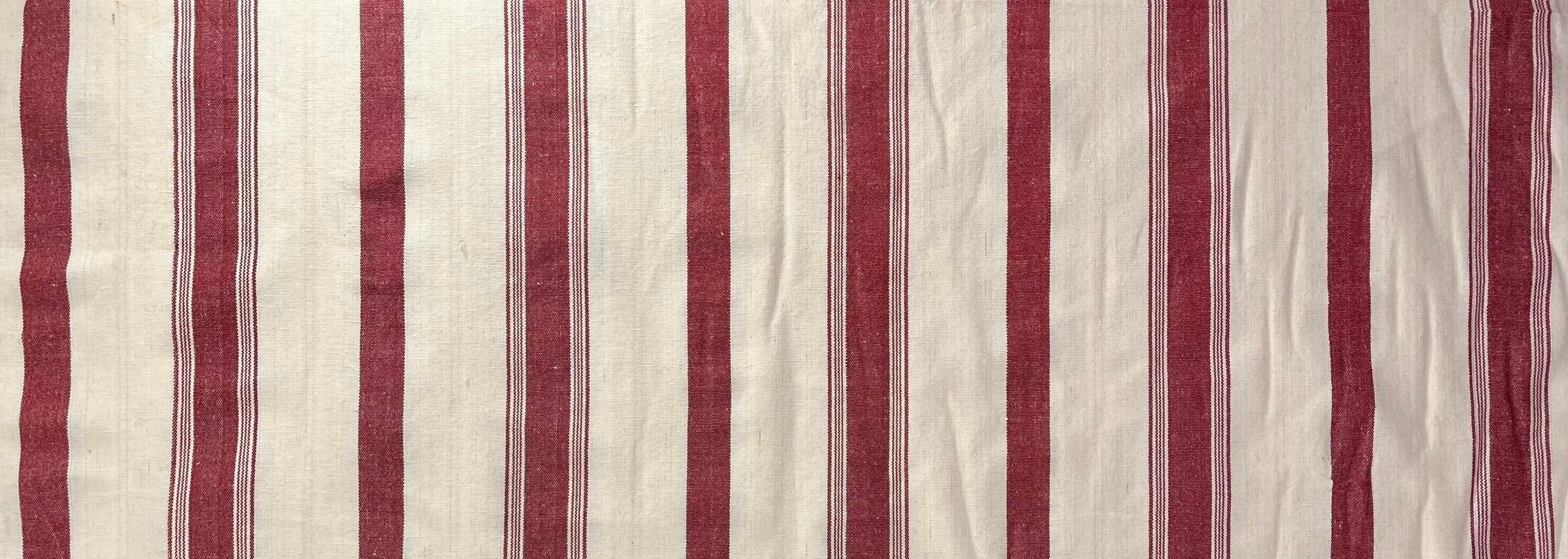 Kırmızı Çizgili Ağır Ağırlık Yumuşatılmış Keten Pamuklu Kumaş Metre 240g/m2 - Döşemelik Çizgili Fransız Stili - Doğal Döşemelik Kumaşlar.
