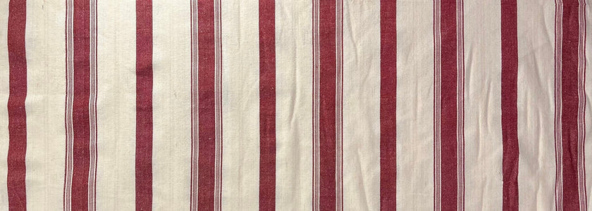 Kırmızı Çizgili Ağır Ağırlık Yumuşatılmış Keten Pamuklu Kumaş Metre 240g/m2 - Döşemelik Çizgili Fransız Stili - Doğal Döşemelik Kumaşlar.