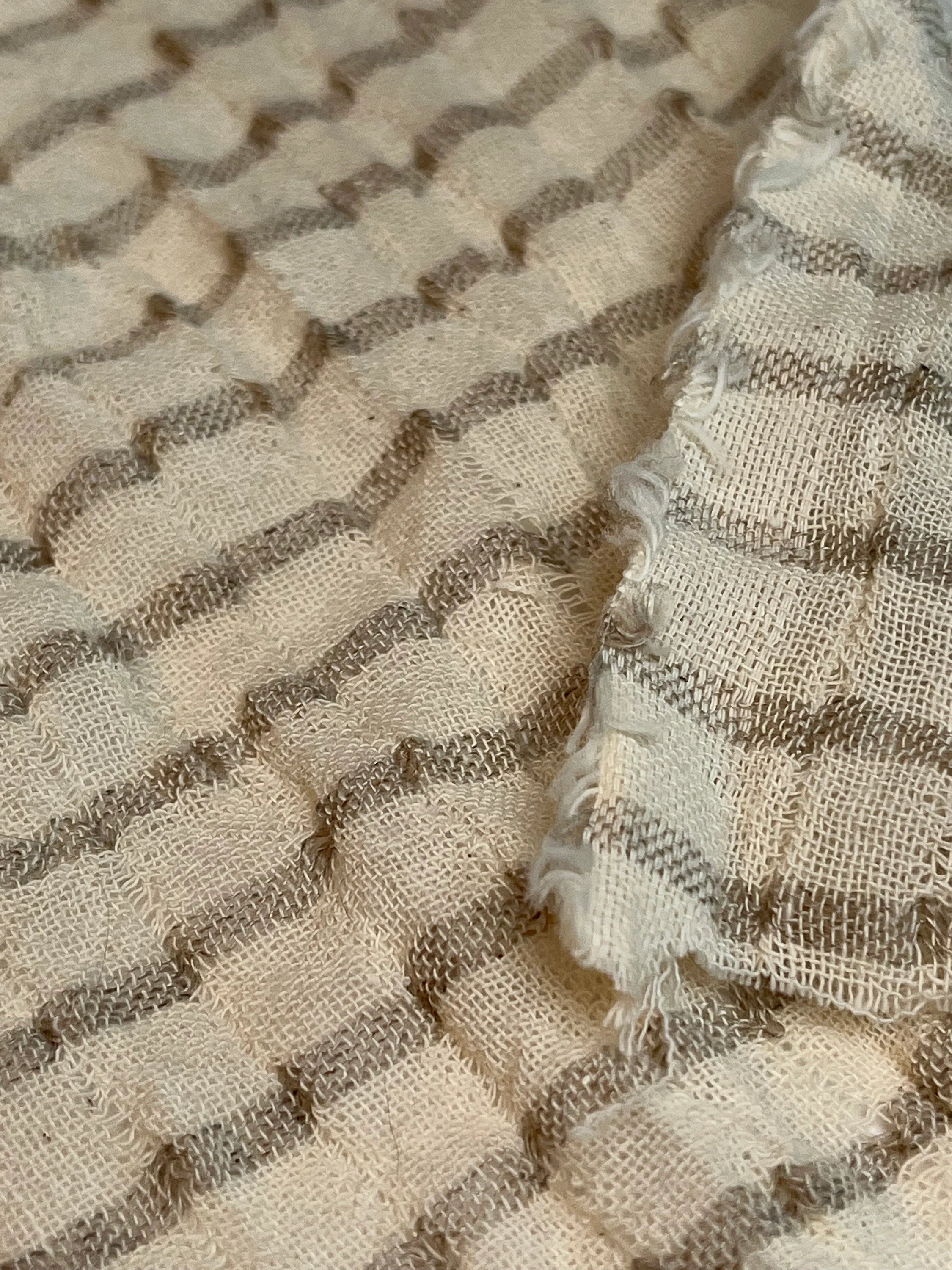 Striped Beige/ Gray Cotton Semi Sheer Fabric.