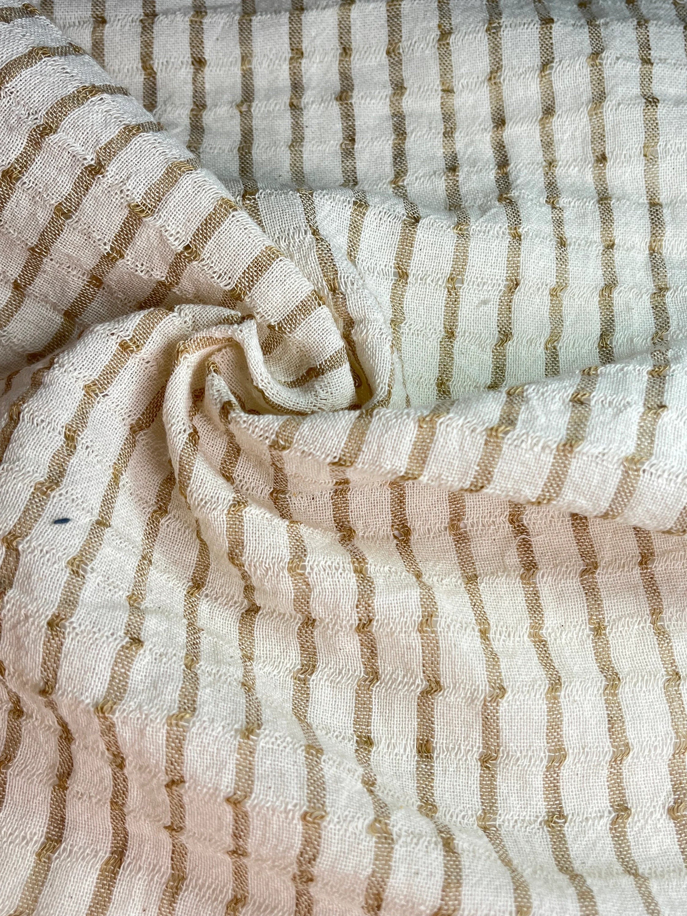Striped Beige/ Gray Cotton Semi Sheer Fabric.