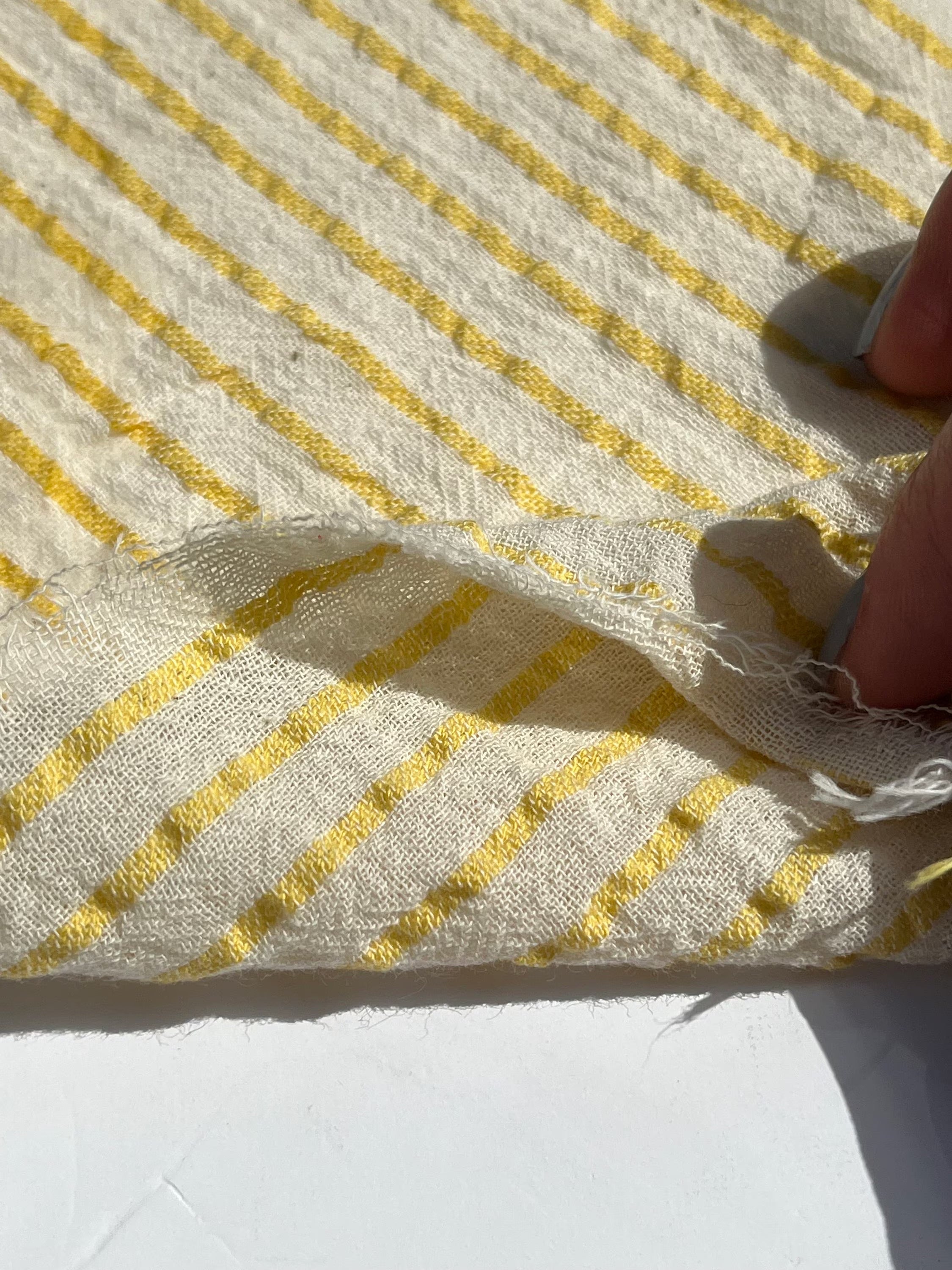 Yellow Striped Organic Cotton Fabric By The Meter, Crinkle Fabric With Pin Stripes.