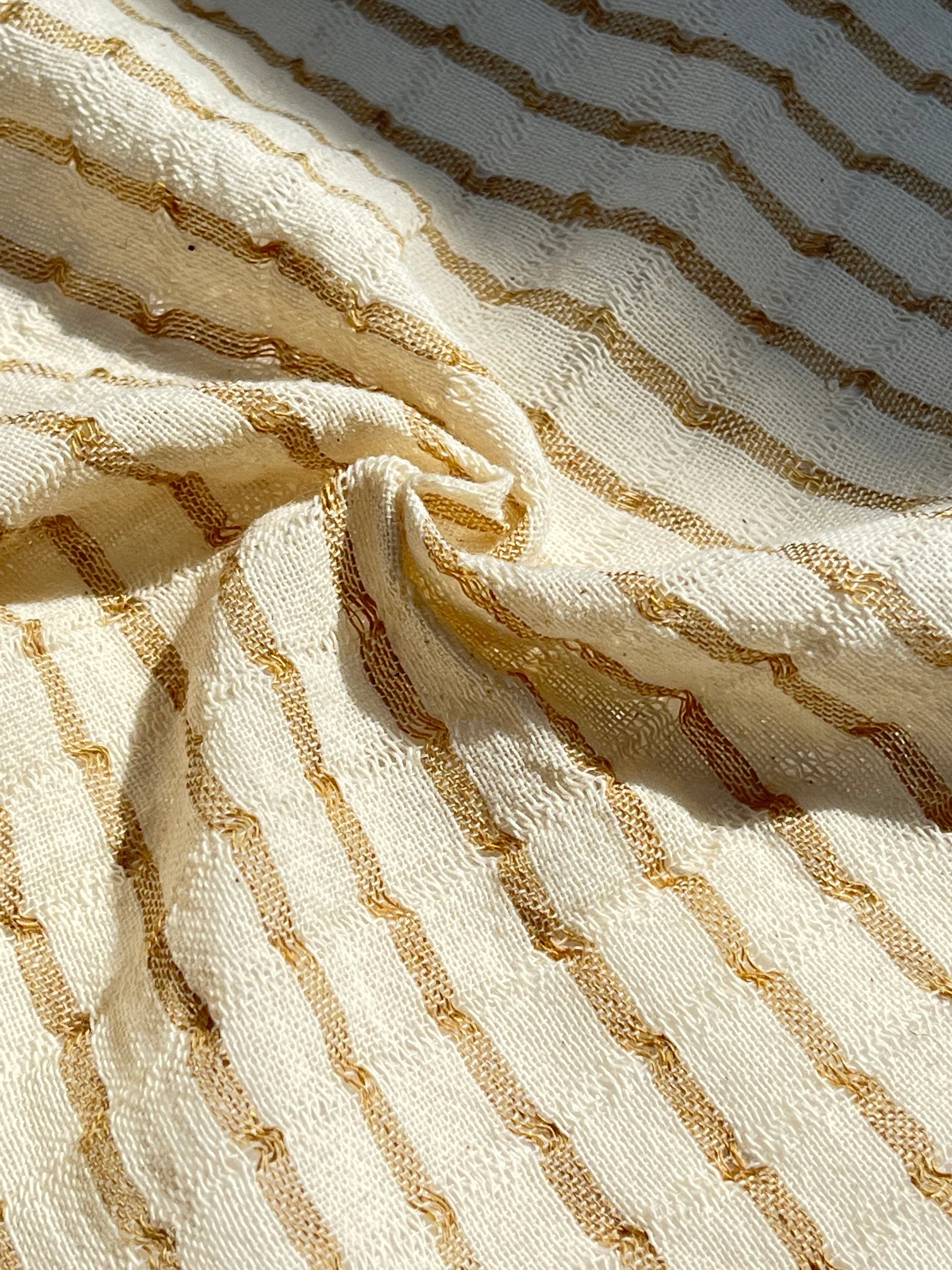 Striped Beige/ Gray Cotton Semi Sheer Fabric.
