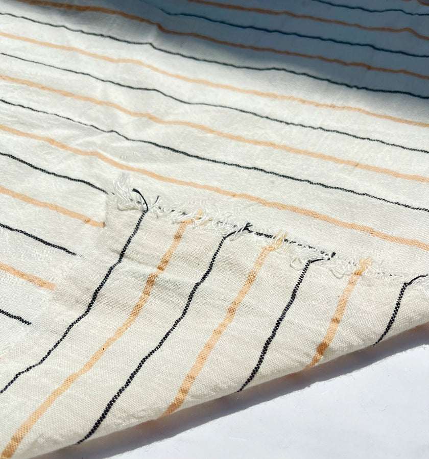 Çizgili Pamuklu Yarı Şeffaf Kumaş - Ağartılmamış Hafif Doğal, Geniş Enli Kumaş Metre veya Yarda ile.