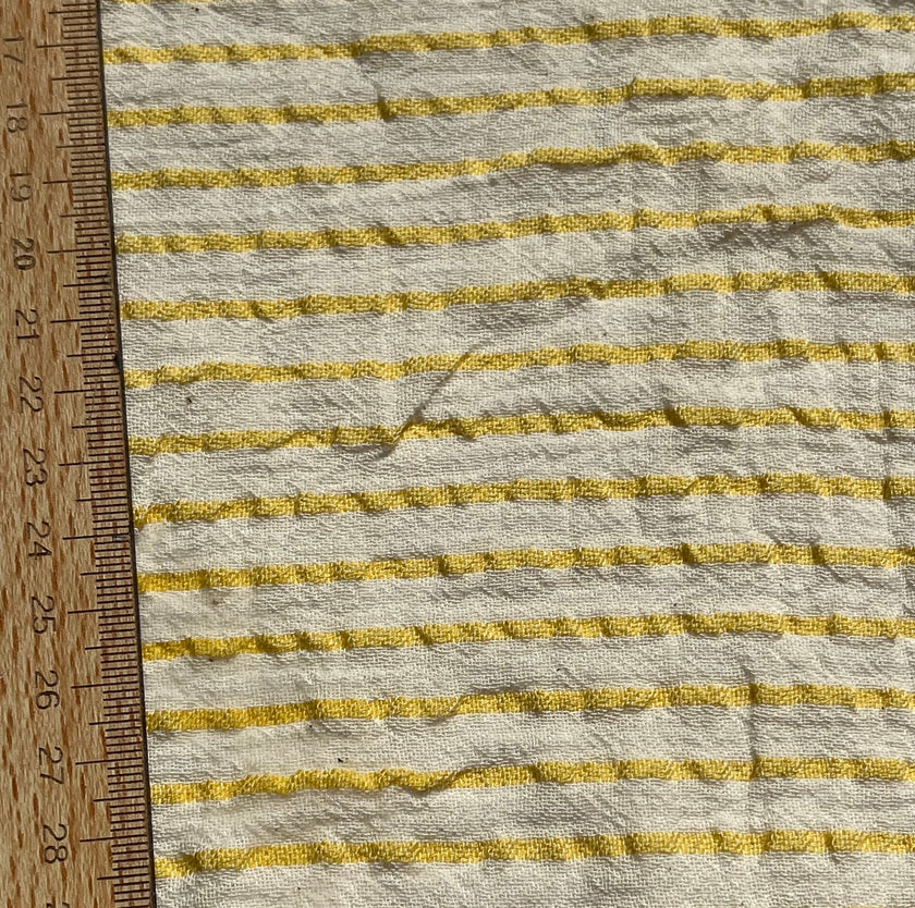 Metre ile Sarı Çizgili Nötr Organik Pamuklu Kumaş, Çizgili Buruşuk Kumaş, Geniş En.