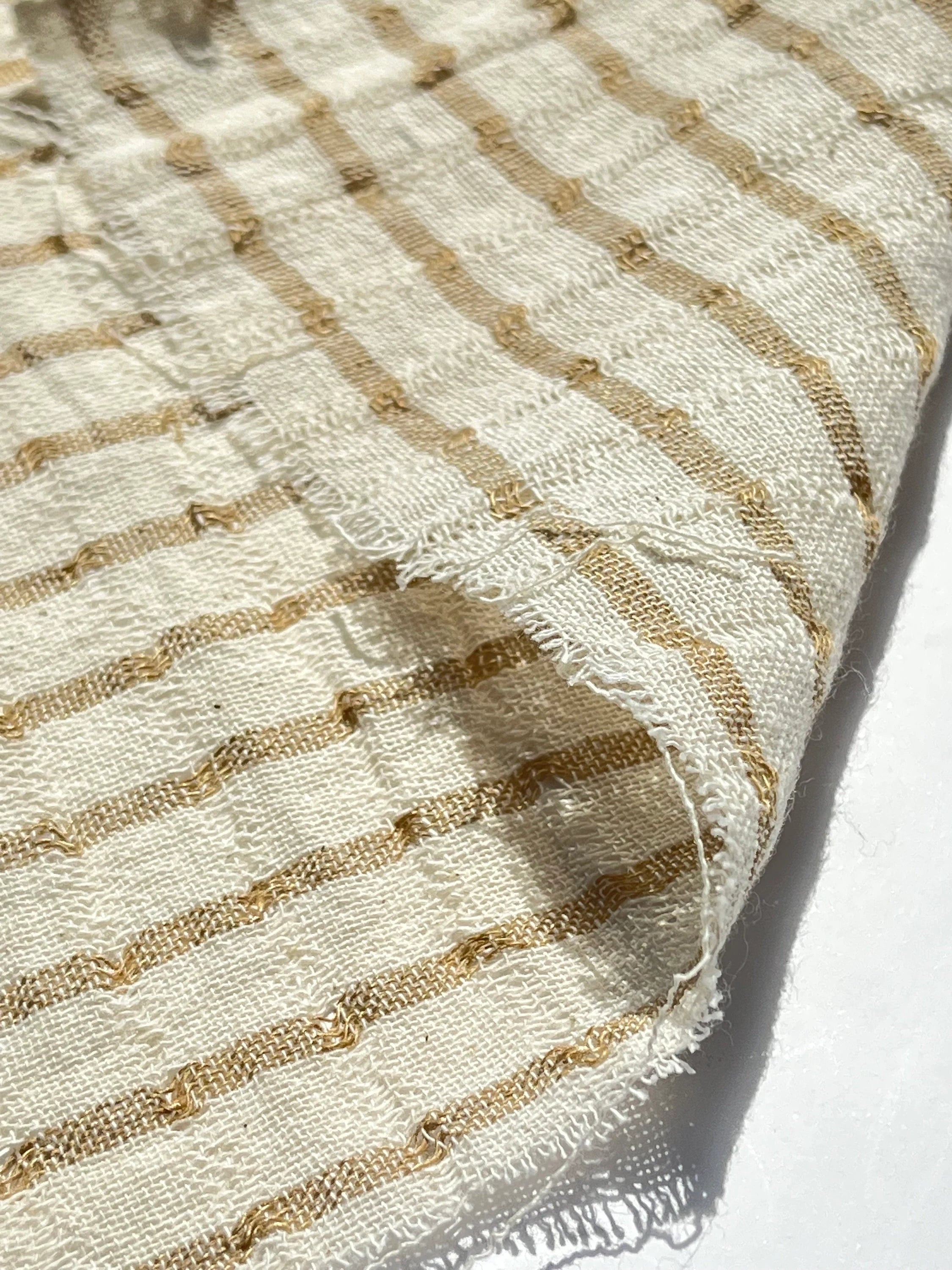Striped Beige/ Gray Cotton Semi Sheer Fabric.