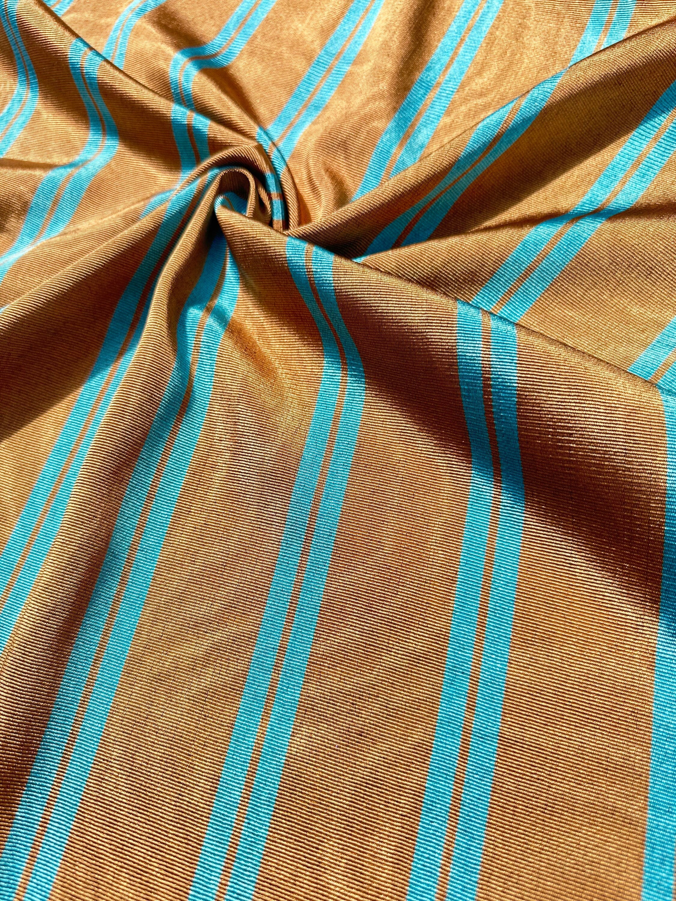 Bronze Blue Stripes Silk Moire Home Textile Interior Fabrics, Watermark Pattern.