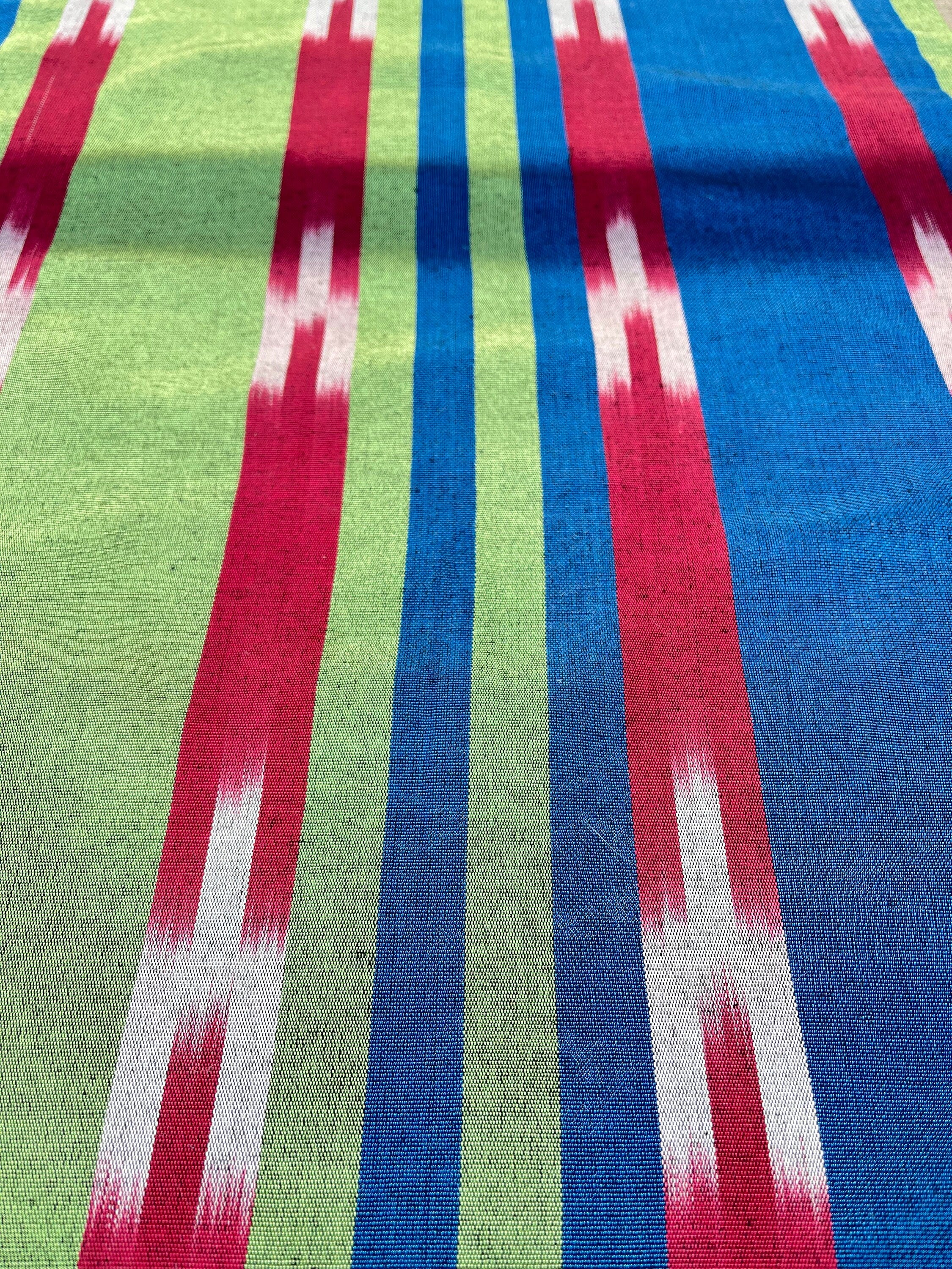 Blue Green Ikat Striped Silk Home Textile Interior Fabrics Moire.