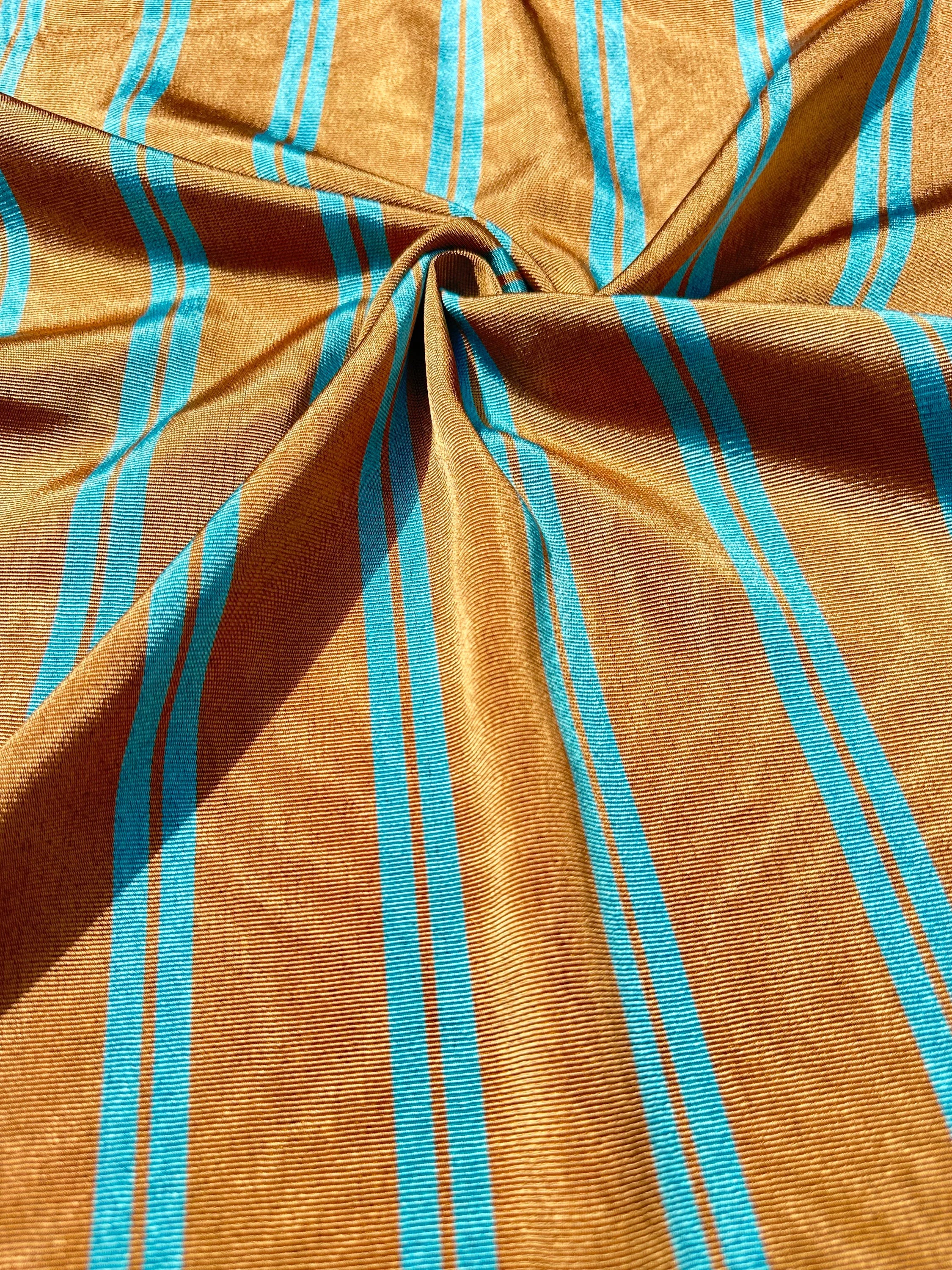 Bronze Blue Stripes Silk Moire Home Textile Interior Fabrics, Watermark Pattern.
