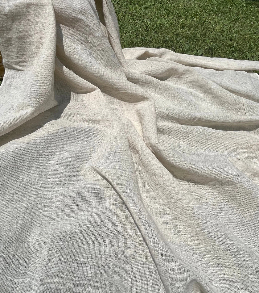 Keten Tül Ağartılmamış / Açık Kahverengi Doğal Kumaş, Metre ile Açık Dokuma Dokulu Organik Pamuk Keten Karışımlı Kumaş.