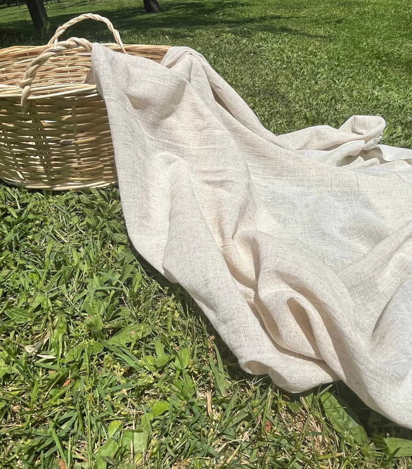 Keten Tül Ağartılmamış / Açık Kahverengi Doğal Kumaş, Metre ile Açık Dokuma Dokulu Organik Pamuk Keten Karışımlı Kumaş.