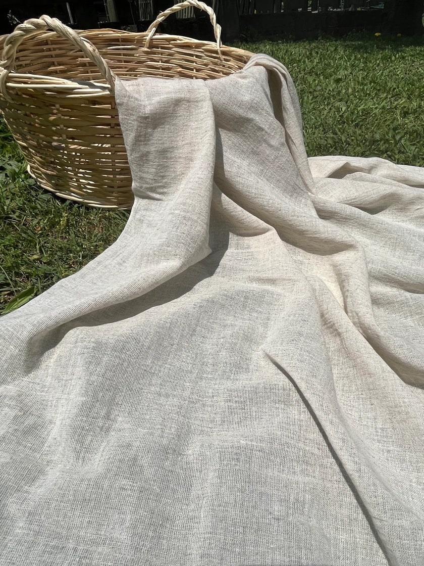 Keten Tül Ağartılmamış / Açık Kahverengi Doğal Kumaş, Metre ile Açık Dokuma Dokulu Organik Pamuk Keten Karışımlı Kumaş.