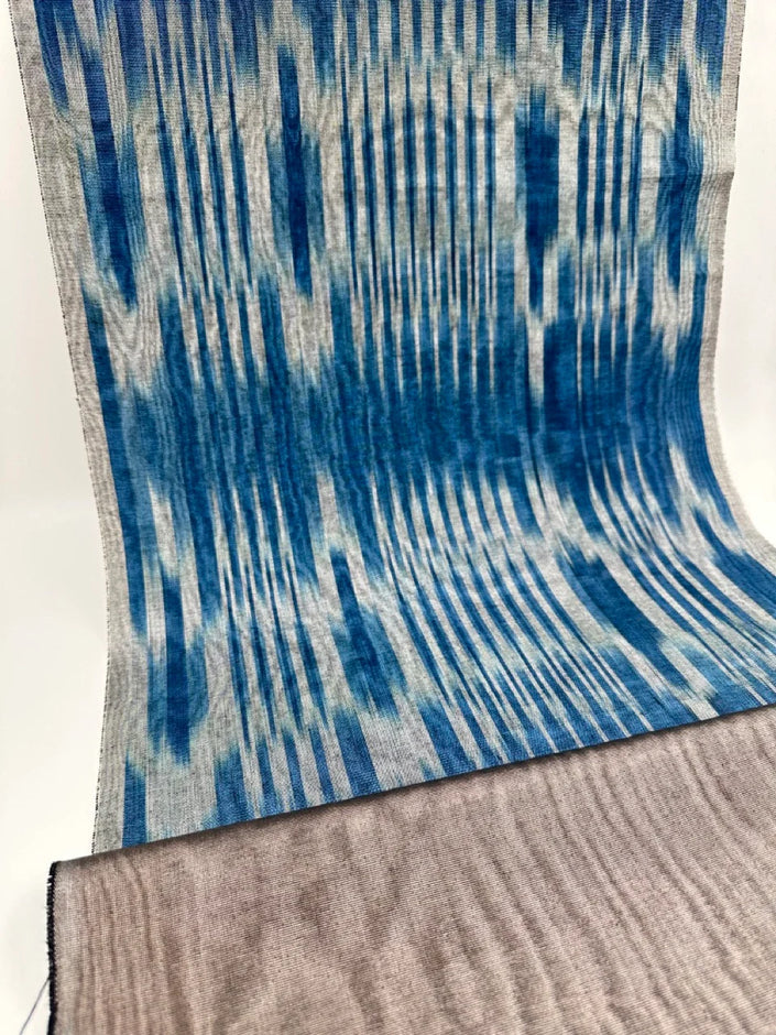 Ikat Silver Blue Striped Silk Home Textile Interior Fabrics Moire, Watermark Pattern.