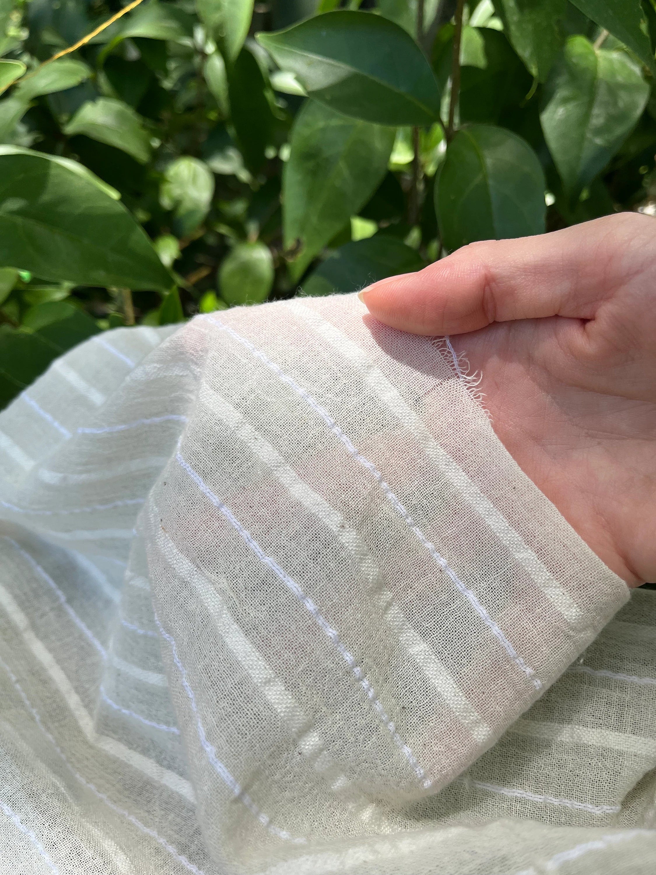 White Pin Striped Neutral Organic Cotton Fabric By The Meter.