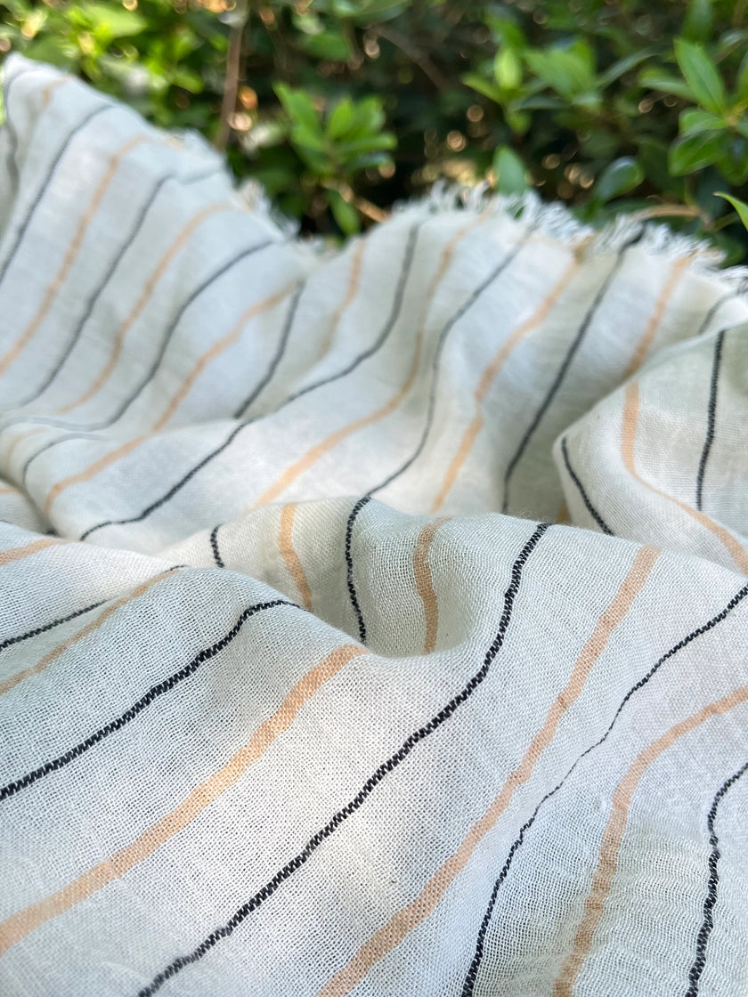 Çizgili Pamuklu Yarı Şeffaf Kumaş - Ağartılmamış Hafif Doğal, Geniş Enli Kumaş Metre veya Yarda ile.