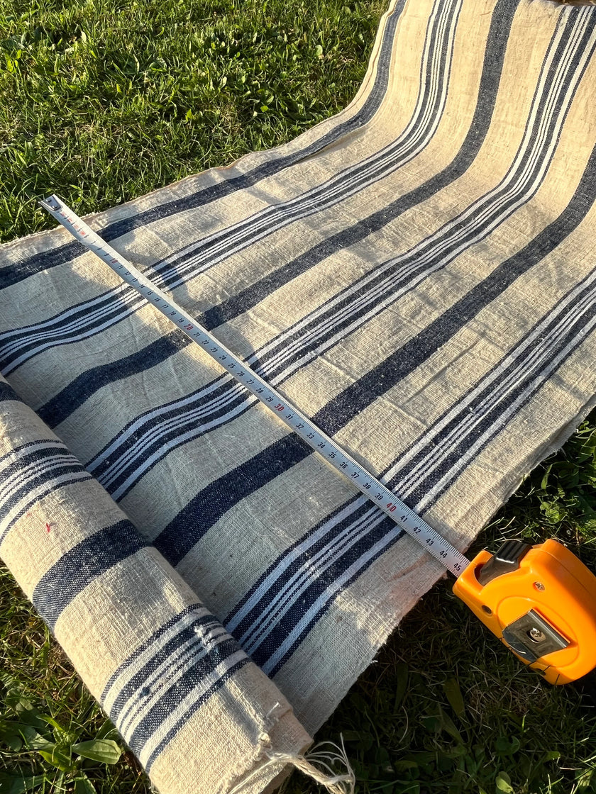 Rustik Dar Dokuma Keten, Çivit Mavisi Beyaz Çizgili, Vintage Keten Çiftlik Evi Dekoru, 60'lardan Antika Kumaş.