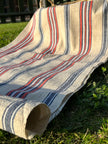 Rustic Narrow Ticking Linen With Indigo Blue Red Stripes, Vintage Linen.