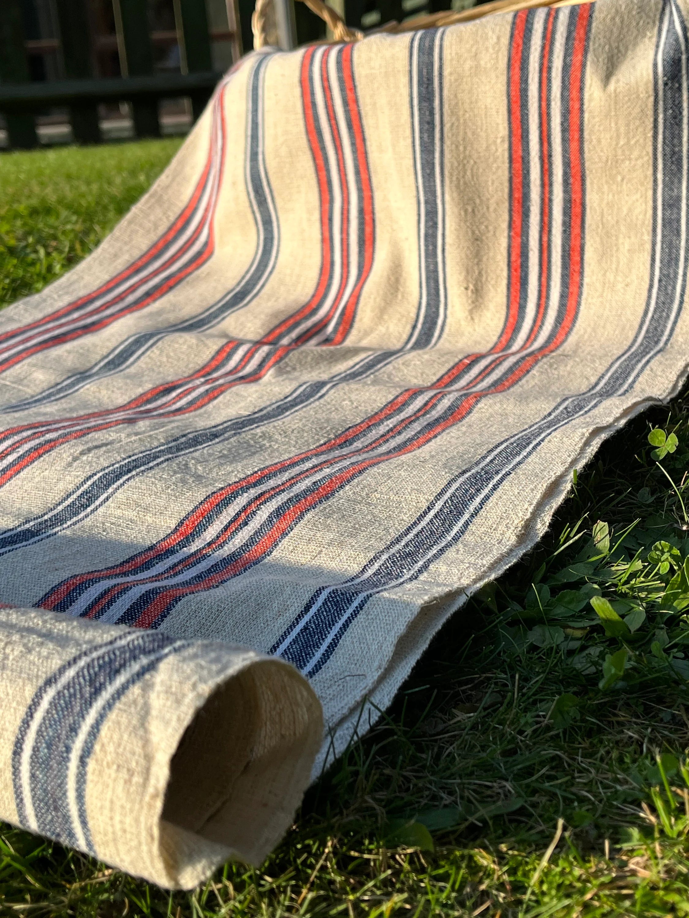 Rustic Narrow Ticking Linen With Indigo Blue Red Stripes, Vintage Linen.