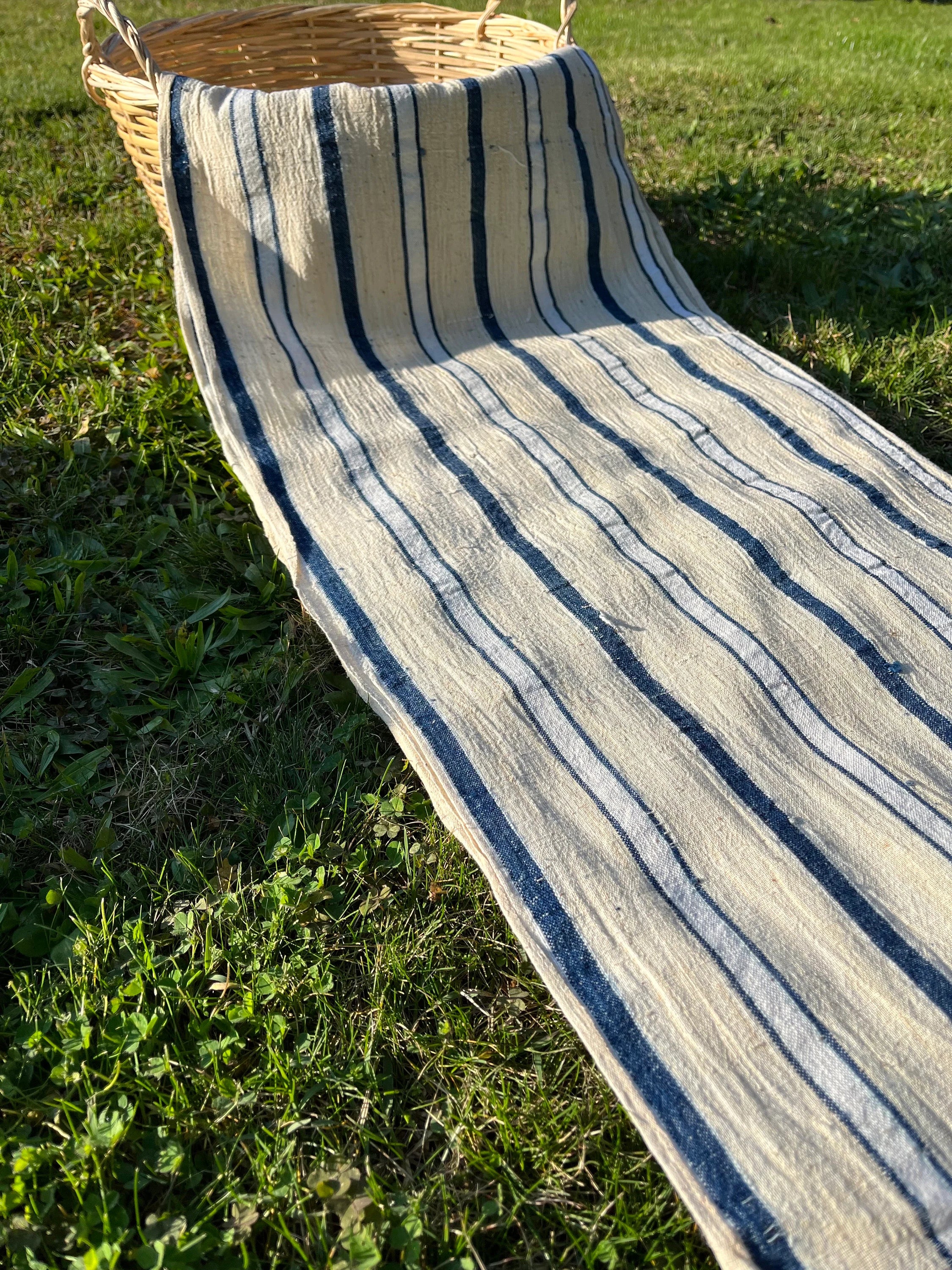 Rustic Narrow Ticking Linen With Indigo Blue White Stripes, Vintage Linen.