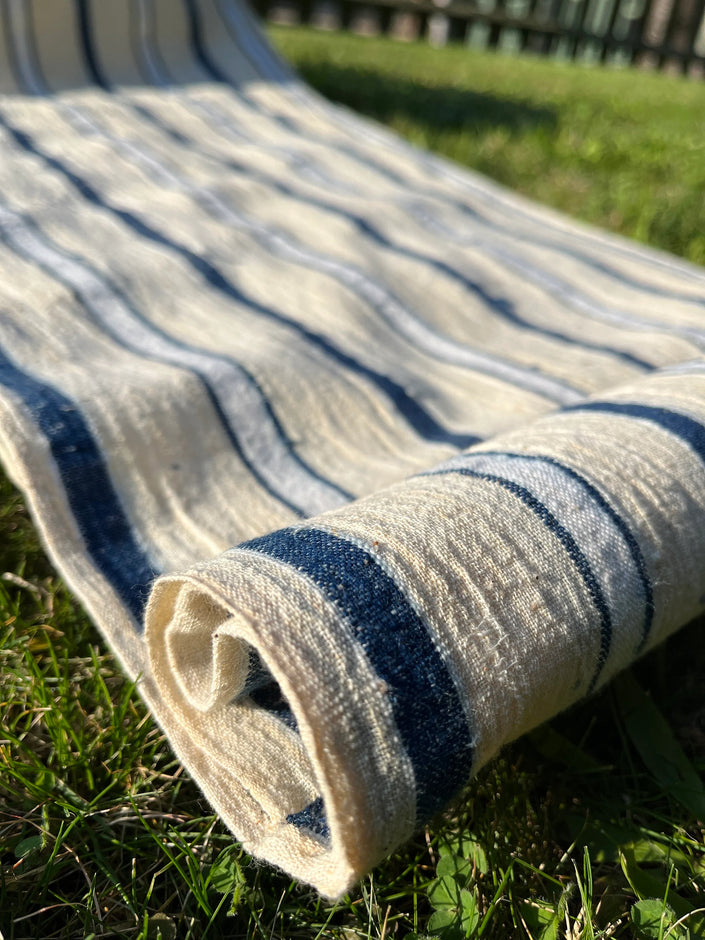 Rustic Narrow Ticking Linen With Indigo Blue White Stripes, Vintage Linen.