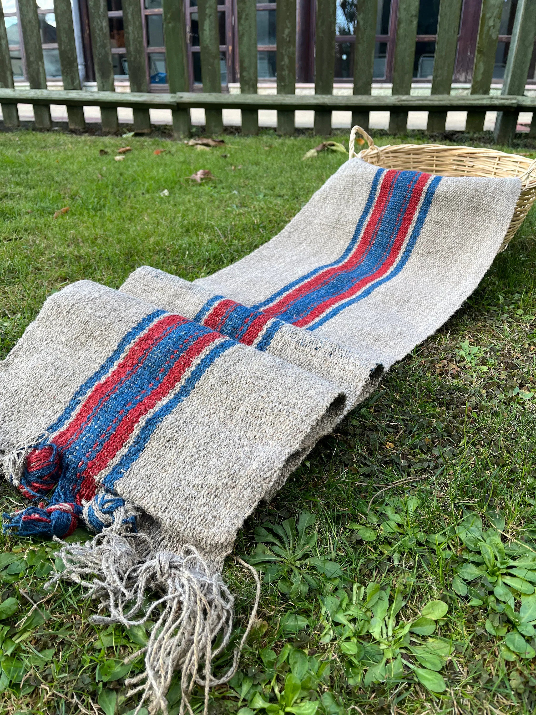 Antique Hemp Fabric, Rustic Hand Knitted Fabric With Stripes.
