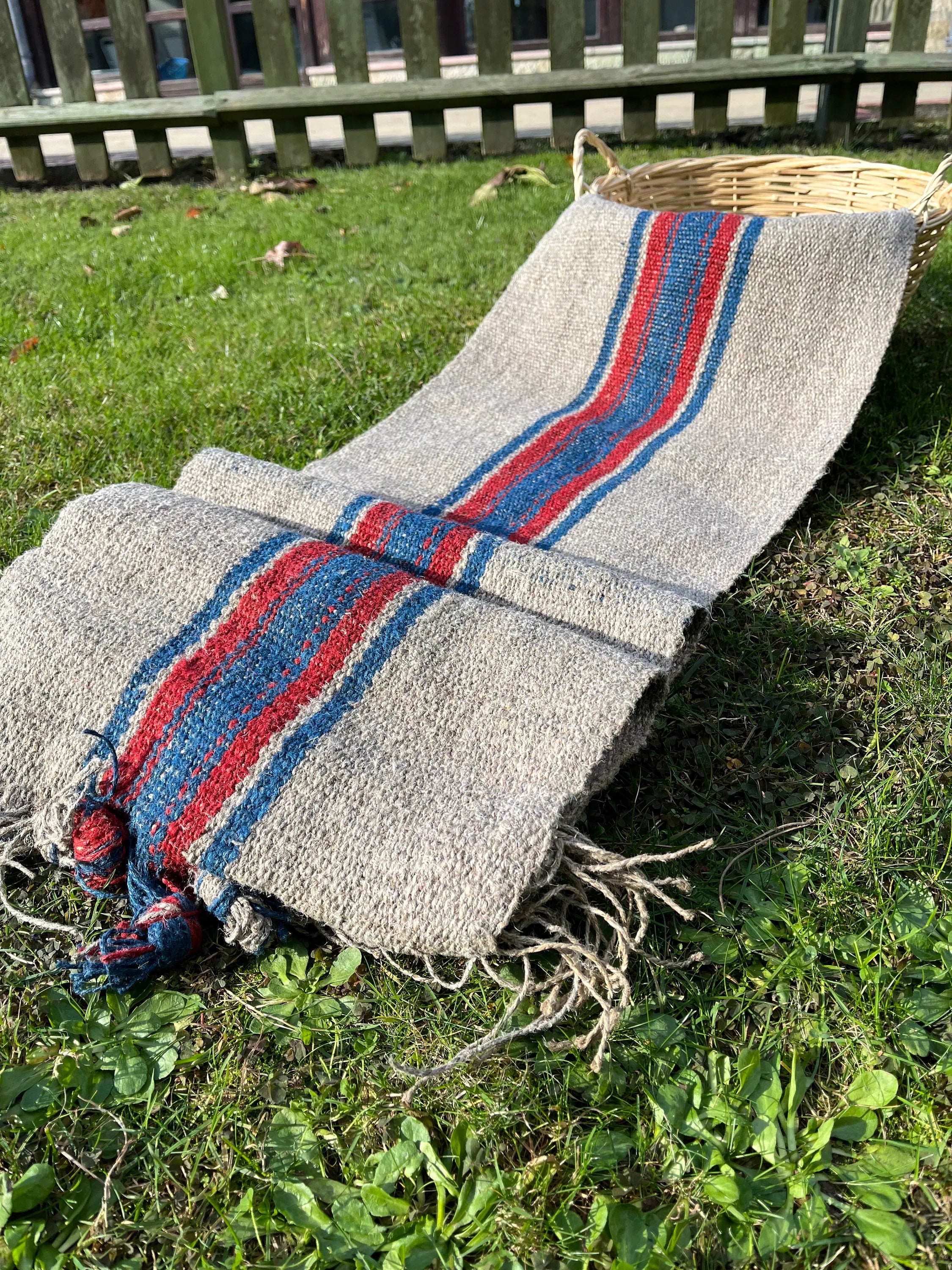Antique Hemp Fabric, Rustic Hand Knitted Fabric With Stripes.