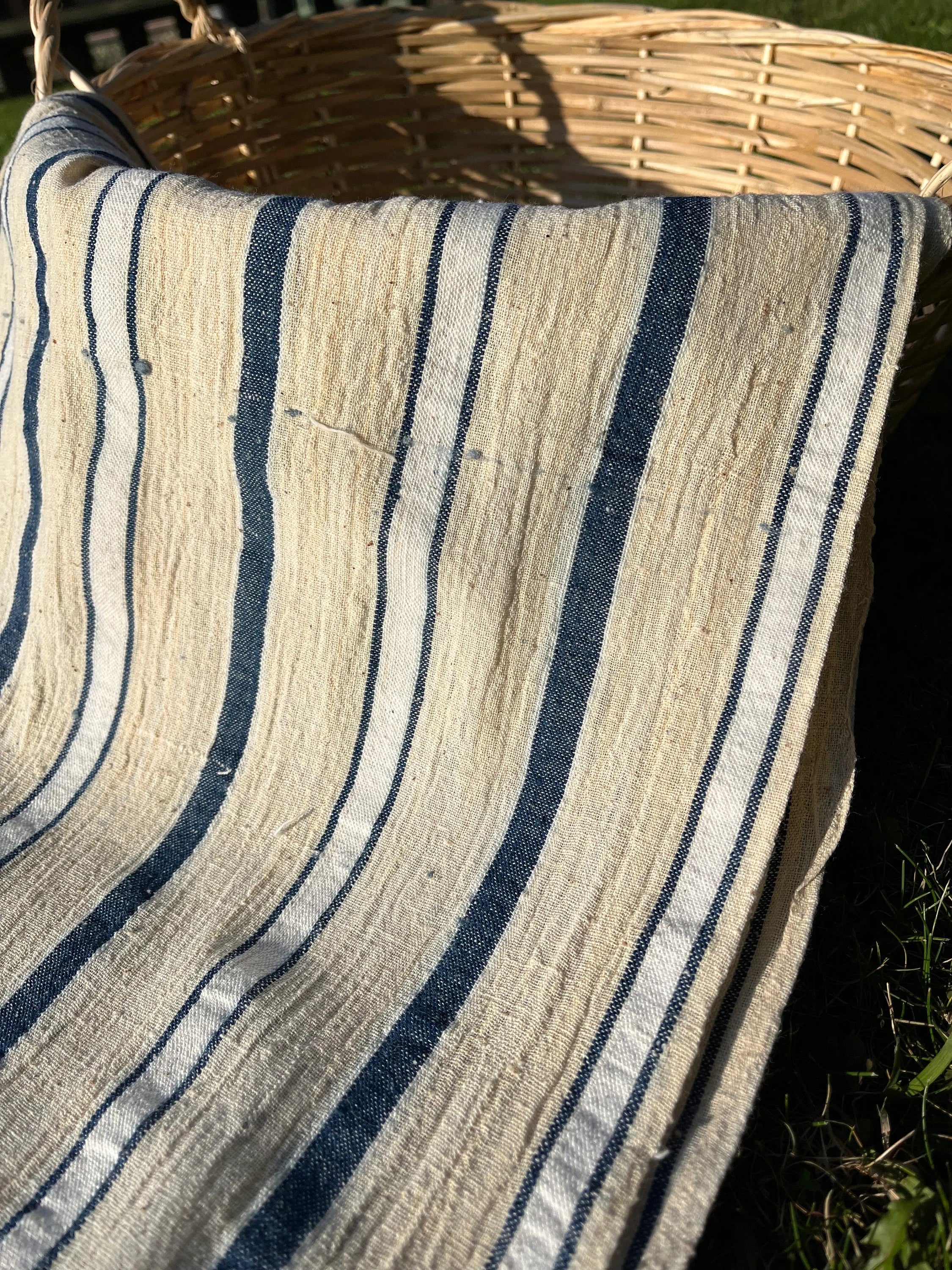 Rustic Narrow Ticking Linen With Indigo Blue White Stripes, Vintage Linen.
