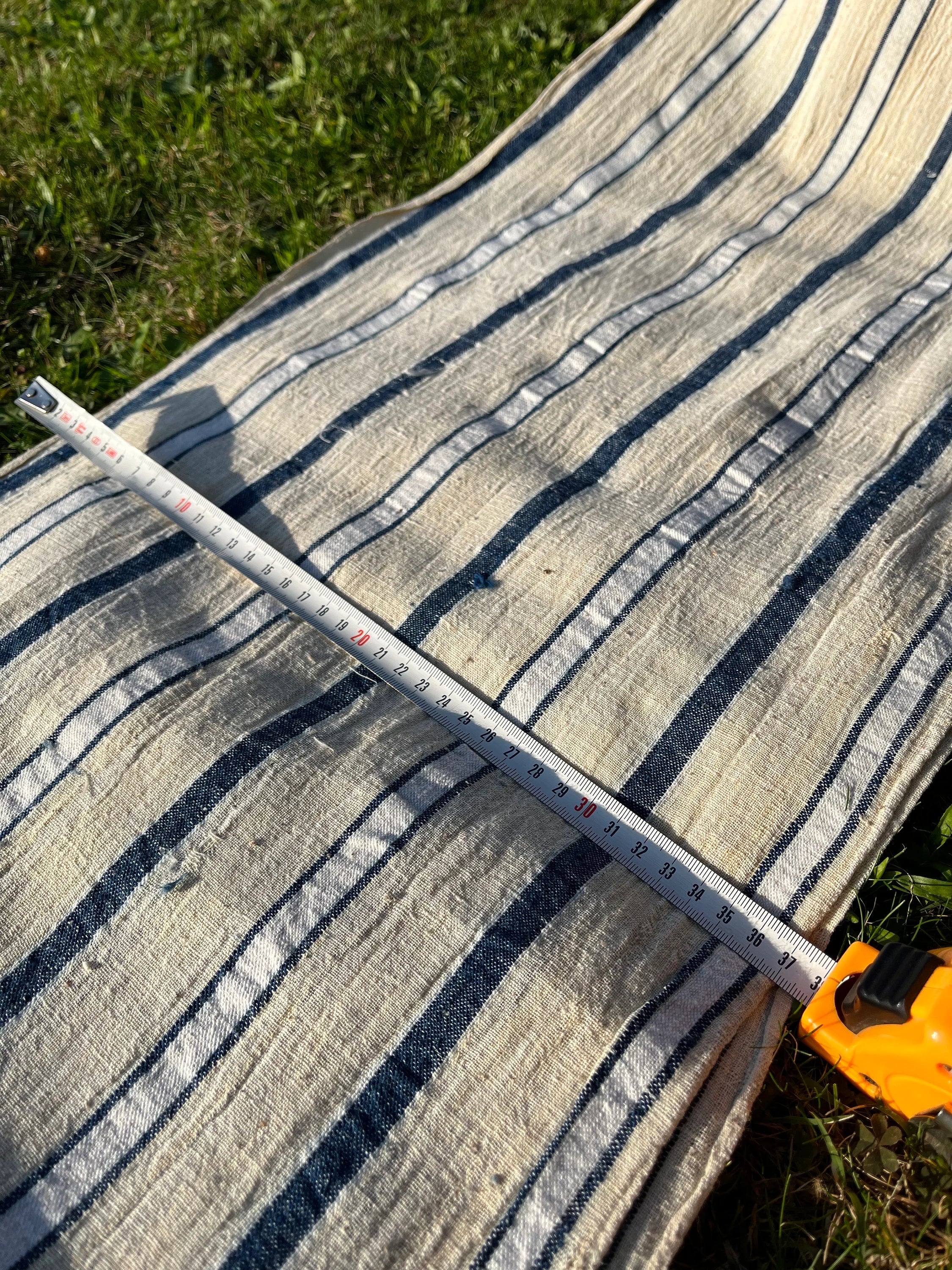 Rustic Narrow Ticking Linen With Indigo Blue White Stripes, Vintage Linen.