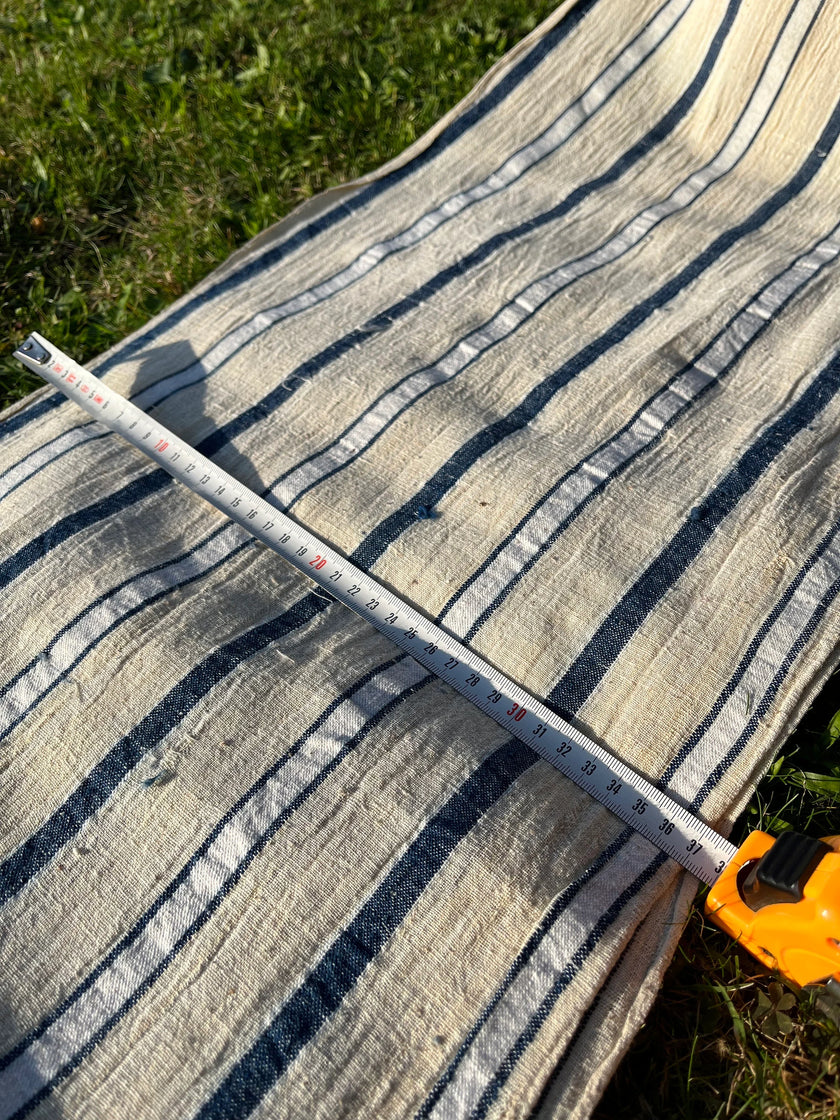 Rustik Dar Dokuma Keten, Çivit Mavisi Beyaz Çizgili, Vintage Keten Çiftlik Evi Dekoru, 60'lardan Antika Kumaş.