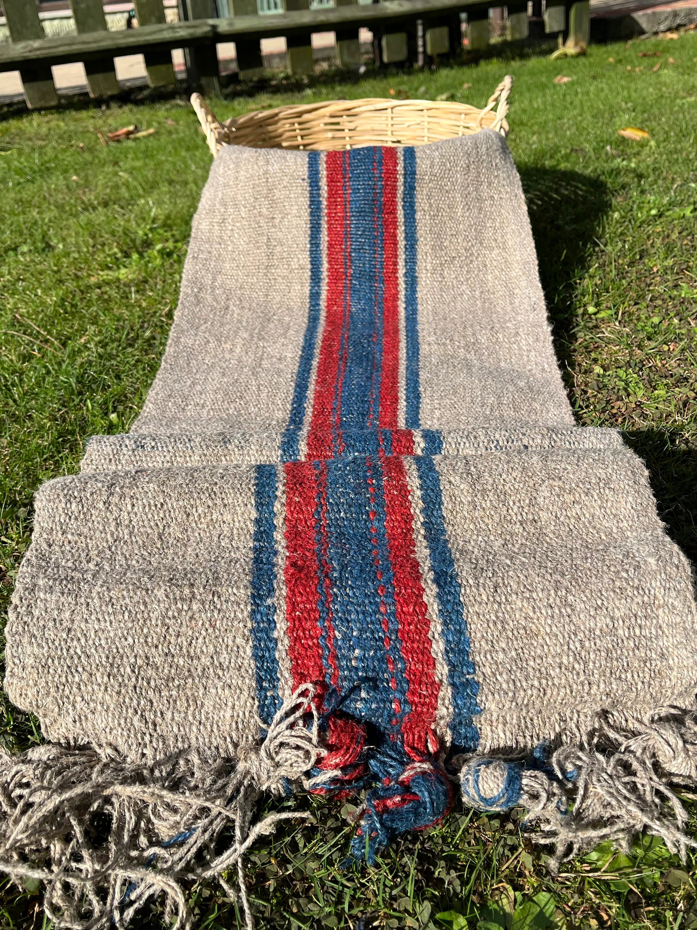 Antique Hemp Fabric, Rustic Hand Knitted Fabric With Stripes.