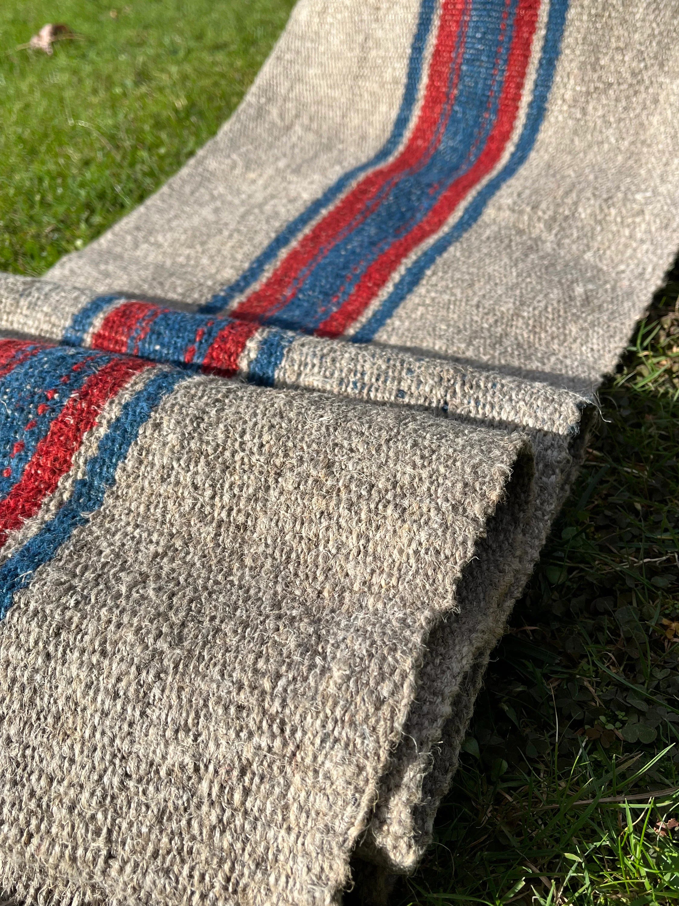 Antique Hemp Fabric, Rustic Hand Knitted Fabric With Stripes.