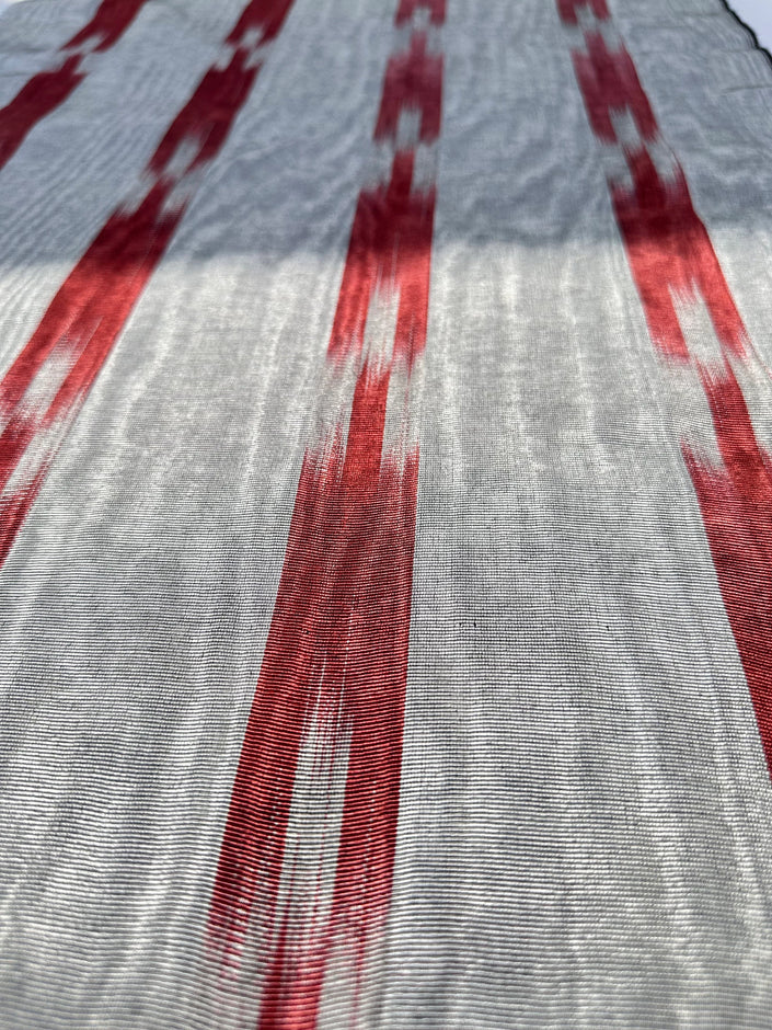 Ikat Silver Red Striped Silk Home Textile Interior Fabrics Moire, Watermark Pattern.