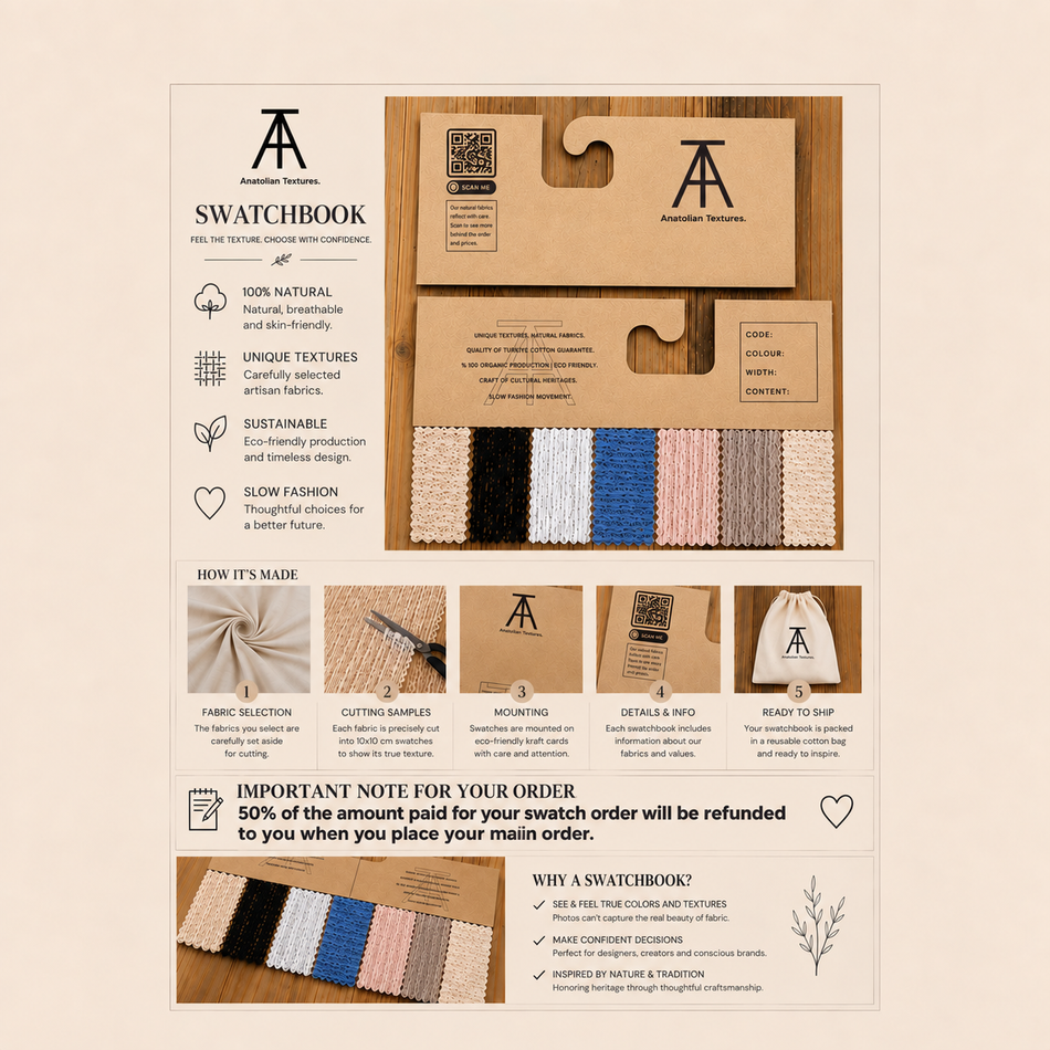A promotional infographic for the 'AA Swatchbook' by A2 Apparel Tees, showing the product's packaging, interior contents (wooden swatch guides, fabric samples in beige, pink, blue, and brown), and a step-by-step 'How It's Made' process on a light beige background.