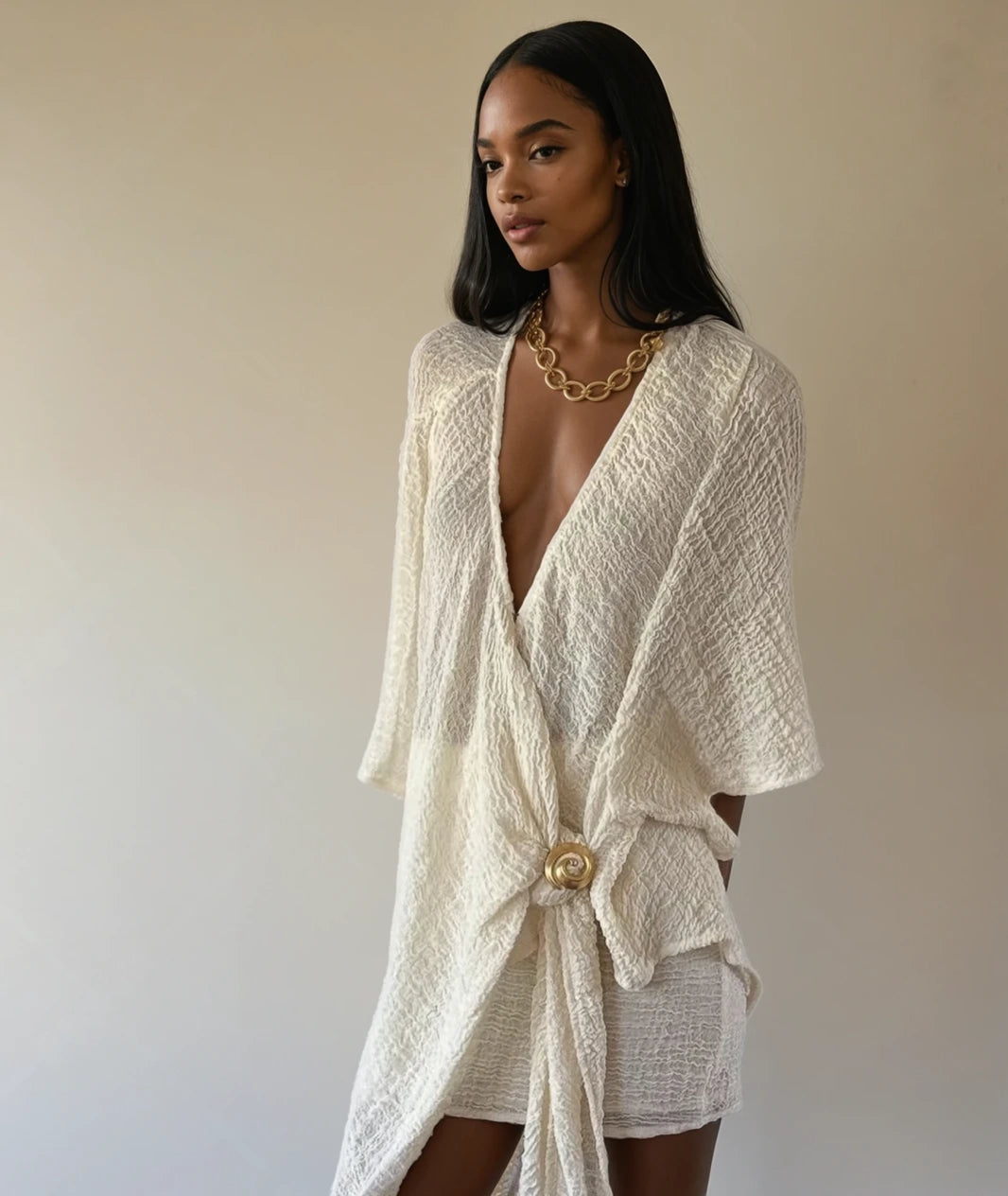 Neutral Stretchy Crinkle Cotton Fabric, Textured Surface, Off White Handwoven.