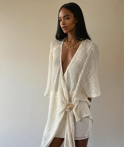 Neutral Stretchy Crinkle Cotton Fabric, Textured Surface, Off White Handwoven.