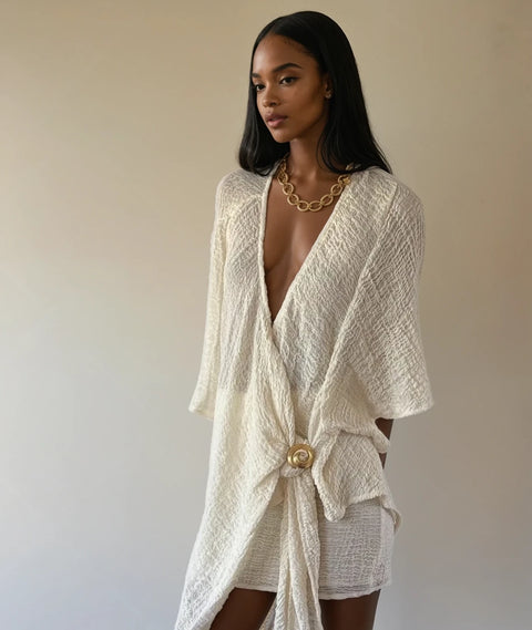 Neutral Stretchy Crinkle Cotton Fabric, Textured Surface, Off White Handwoven.