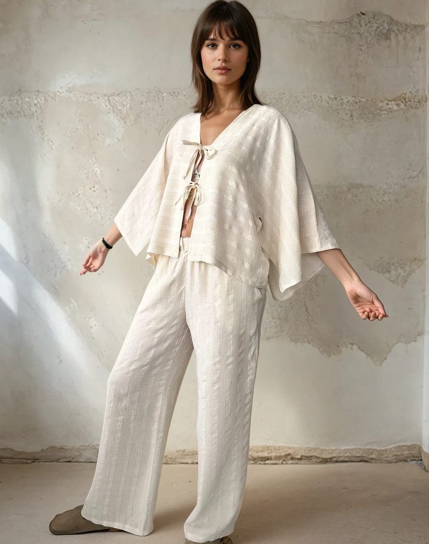 Metre ile Gri Çizgili Nötr Organik Pamuklu Kumaş, Çizgili Buruşuk Kumaş, Geniş En.